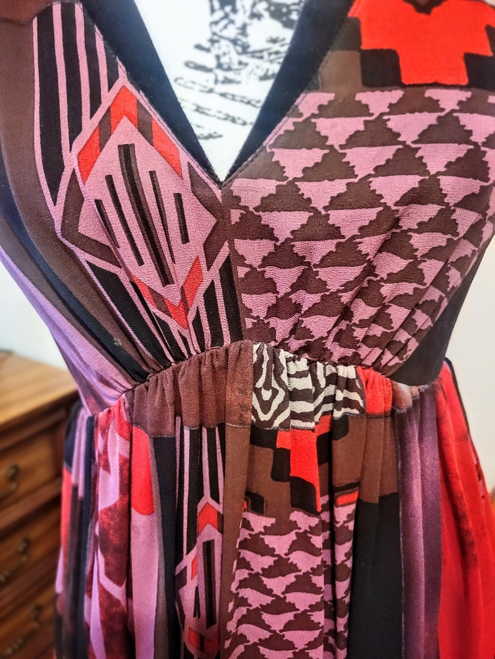 Etro 100% Silk Velvet Detail V-Neck Sleeveless Patchwork Midi Dress, EUC, Large - Picture 5 of 16